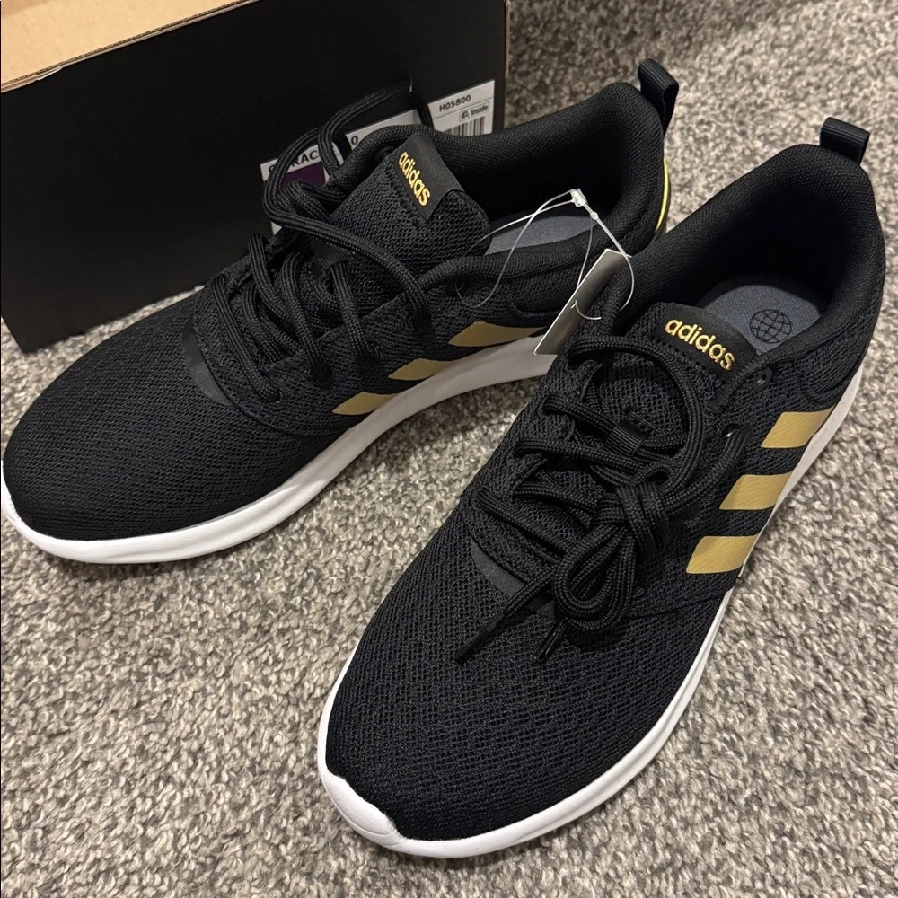 adidas Women’s Black Athletic Sneakers with Gold Three-Stripes - Picture 3 of 4